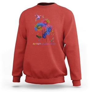 Autism Awareness Sweatshirt Colorful Sunflower With Bird Spectrum Ribbon TS01 Red Printyourwear