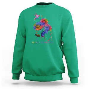 Autism Awareness Sweatshirt Colorful Sunflower With Bird Spectrum Ribbon TS01 Irish Green Printyourwear