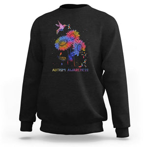 Autism Awareness Sweatshirt Colorful Sunflower With Bird Spectrum Ribbon TS01 Black Printyourwear