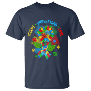 Autism Awareness T Shirt Accept Understand Love Rainbow Puzzle Sunflower TS09 Navy Printyourwear