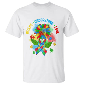 Autism Awareness T Shirt Accept Understand Love Rainbow Puzzle Sunflower TS09 White Printyourwear