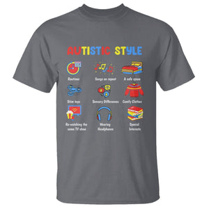 Autism Awareness T Shirt Autistic Style Routines Song On Repeat Stim Toys Sensory Differences TS09 Charcoal Printyourwear