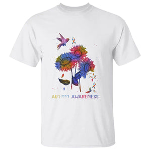 Autism Awareness T Shirt Colorful Sunflower With Bird Spectrum Ribbon TS01 White Printyourwear