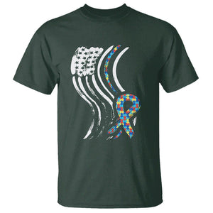 Autism Awareness T Shirt Spectrum Ribbon American Flag TS01 Dark Forest Green Printyourwear