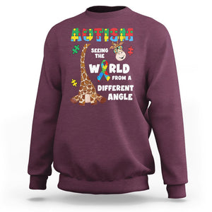 Autism Giraffe Sweatshirt Seeing The World From A Different Angle Puzzle Pieces TS02 Maroon Printyourwear