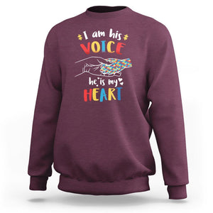 Autism Parent Sweatshirt I Am His Voice He Is My Heart Mom Dad Family Love Support TS02 Maroon Printyourwear