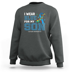 Autism Parents Sweatshirt I Wear Blue For My Son Family Support Puzzle Blue Ribbon TS01 Dark Heather Printyourwear