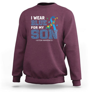 Autism Parents Sweatshirt I Wear Blue For My Son Family Support Puzzle Blue Ribbon TS01 Maroon Printyourwear