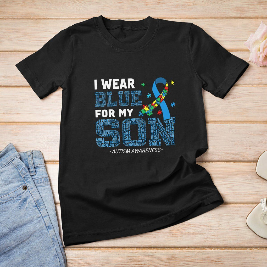 Autism Parents T Shirt For Women I Wear Blue For My Son Family Support Puzzle Blue Ribbon TS01 Black Printyourwear