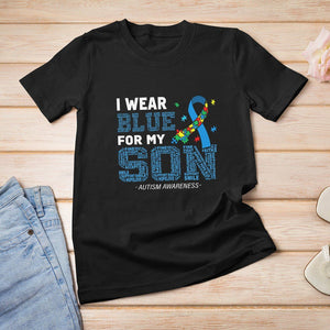 Autism Parents T Shirt For Women I Wear Blue For My Son Family Support Puzzle Blue Ribbon TS01 Black Printyourwear