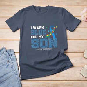 Autism Parents T Shirt For Women I Wear Blue For My Son Family Support Puzzle Blue Ribbon TS01 Navy Printyourwear