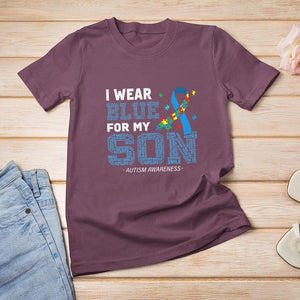 Autism Parents T Shirt For Women I Wear Blue For My Son Family Support Puzzle Blue Ribbon TS01 Maroon Printyourwear