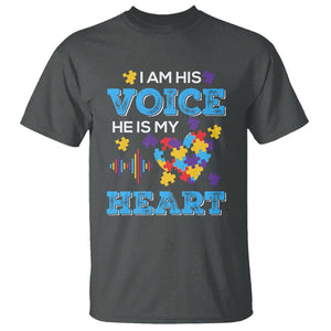 Autism Parents T Shirt I Am His Voice He Is My Heart Puzzle Heart TS01 Dark Heather Printyourwear