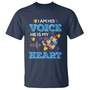 Autism Parents T Shirt I Am His Voice He Is My Heart Puzzle Heart TS01 Navy Printyourwear