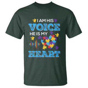 Autism Parents T Shirt I Am His Voice He Is My Heart Puzzle Heart TS01 Dark Forest Green Printyourwear