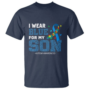 Autism Parents T Shirt I Wear Blue For My Son Family Support Puzzle Blue Ribbon TS01 Navy Printyourwear