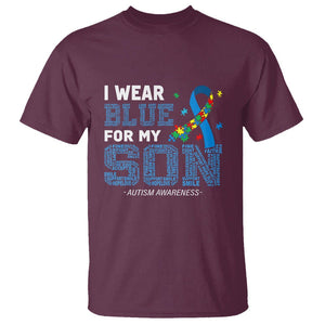 Autism Parents T Shirt I Wear Blue For My Son Family Support Puzzle Blue Ribbon TS01 Maroon Printyourwear