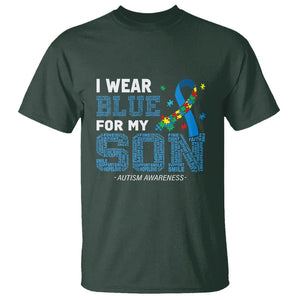 Autism Parents T Shirt I Wear Blue For My Son Family Support Puzzle Blue Ribbon TS01 Dark Forest Green Printyourwear