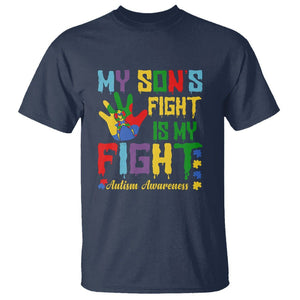 Autism Parents T Shirt My Son Fight Is My Fight Family Support Puzzle Ribbon TS01 Navy Printyourwear