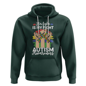 Autism Support Hoodie Her Fight is My Fight Together Puzzle Ribbon Raised Fists TS01 Dark Forest Green Printyourwear