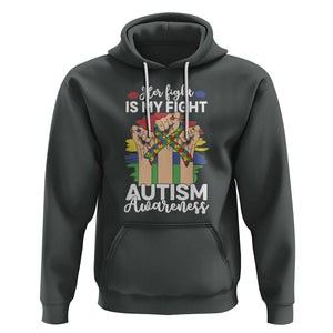 Autism Support Hoodie Her Fight is My Fight Together Puzzle Ribbon Raised Fists TS01 Dark Heather Printyourwear