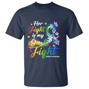 Autism Support T Shirt Her Fight Is My Fight Floral Rainbow Ribbon TS01 Navy Printyourwear