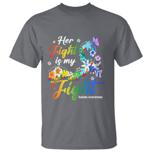 Autism Support T Shirt Her Fight Is My Fight Floral Rainbow Ribbon TS01 Charcoal Printyourwear