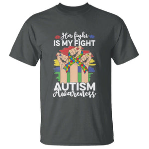 Autism Support T Shirt Her Fight is My Fight Together Puzzle Ribbon Raised Fists TS01 Dark Heather Printyourwear