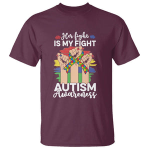 Autism Support T Shirt Her Fight is My Fight Together Puzzle Ribbon Raised Fists TS01 Maroon Printyourwear