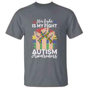 Autism Support T Shirt Her Fight is My Fight Together Puzzle Ribbon Raised Fists TS01 Charcoal Printyourwear