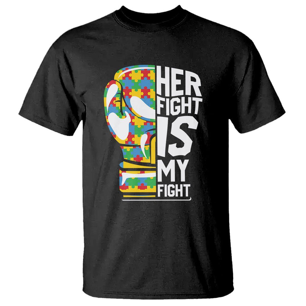 Autism Support T Shirt Her Fight is My Fight Warriors Jigsaw Puzzle Boxing Glove TS01 Black Printyourwear