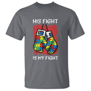 Autism Support T Shirt His Fight is My Fight Jigsaw Puzzle Boxing Gloves TS01 Charcoal Printyourwear