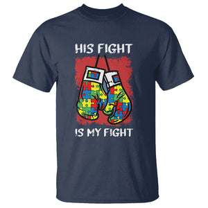 Autism Support T Shirt His Fight is My Fight Jigsaw Puzzle Boxing Gloves TS01 Navy Printyourwear