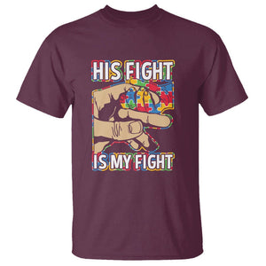 Autism Support T Shirt His Fight is My Fight Jigsaw Puzzle Little Hand Holding TS01 Maroon Printyourwear