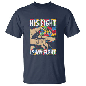 Autism Support T Shirt His Fight is My Fight Jigsaw Puzzle Little Hand Holding TS01 Navy Printyourwear