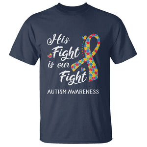 Autism Support T Shirt His Fight is My Fight Jigsaw Puzzle Ribbon TS01 Navy Printyourwear