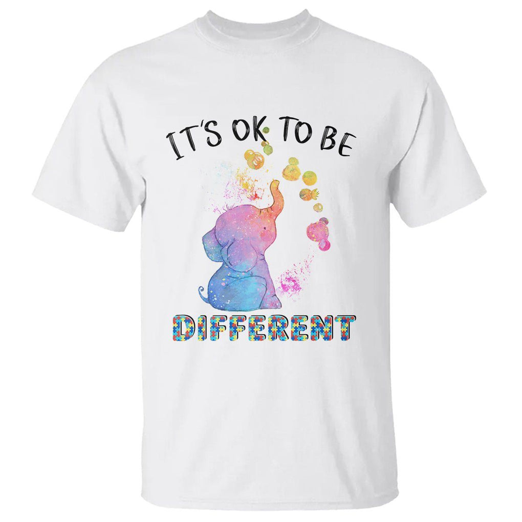 Autism Support T Shirt It's Ok To Be Different Cute Watercolor Elephant TS01 White Printyourwear