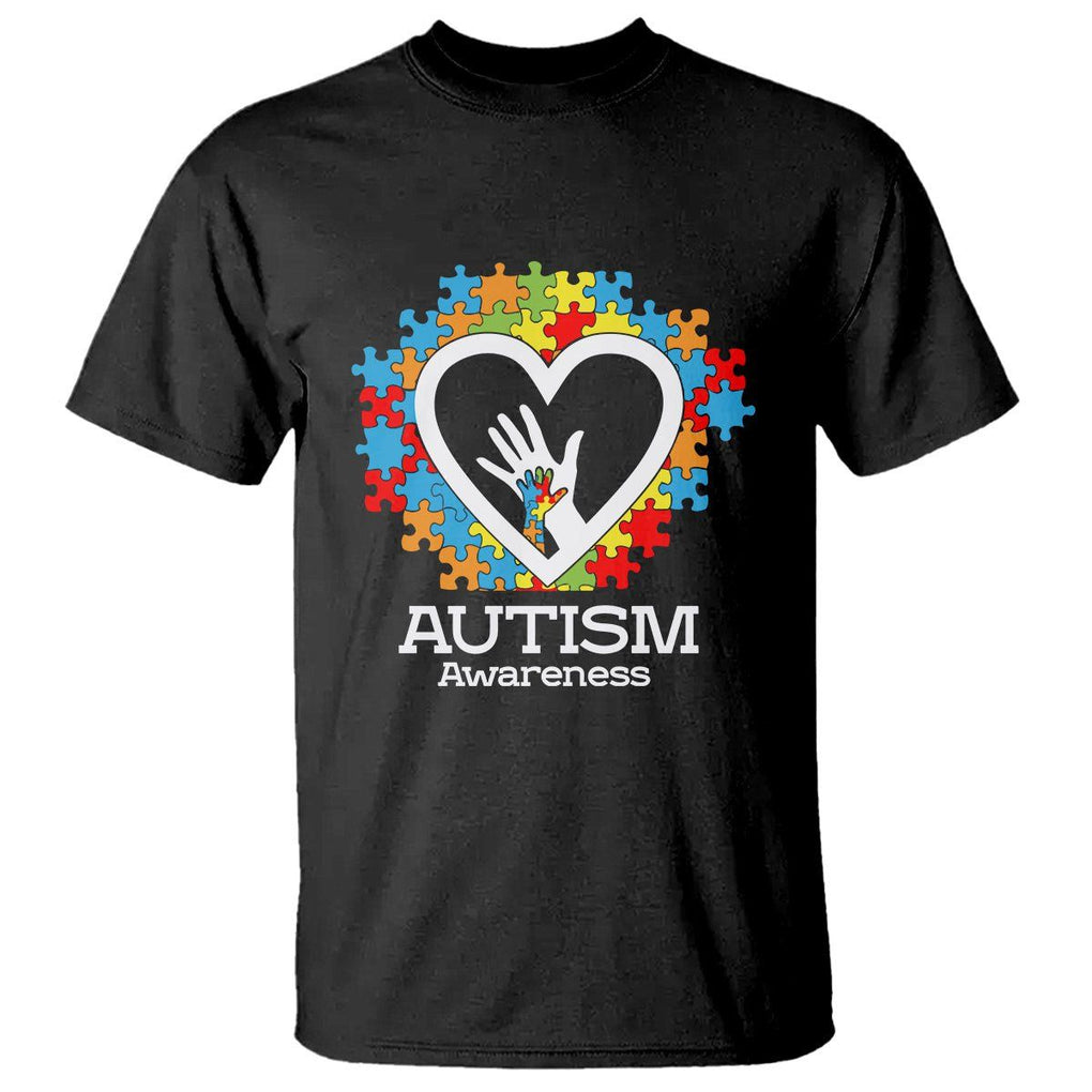 Autism Support T Shirt Jigsaw Puzzle Hand In Hand TS01 Black Printyourwear