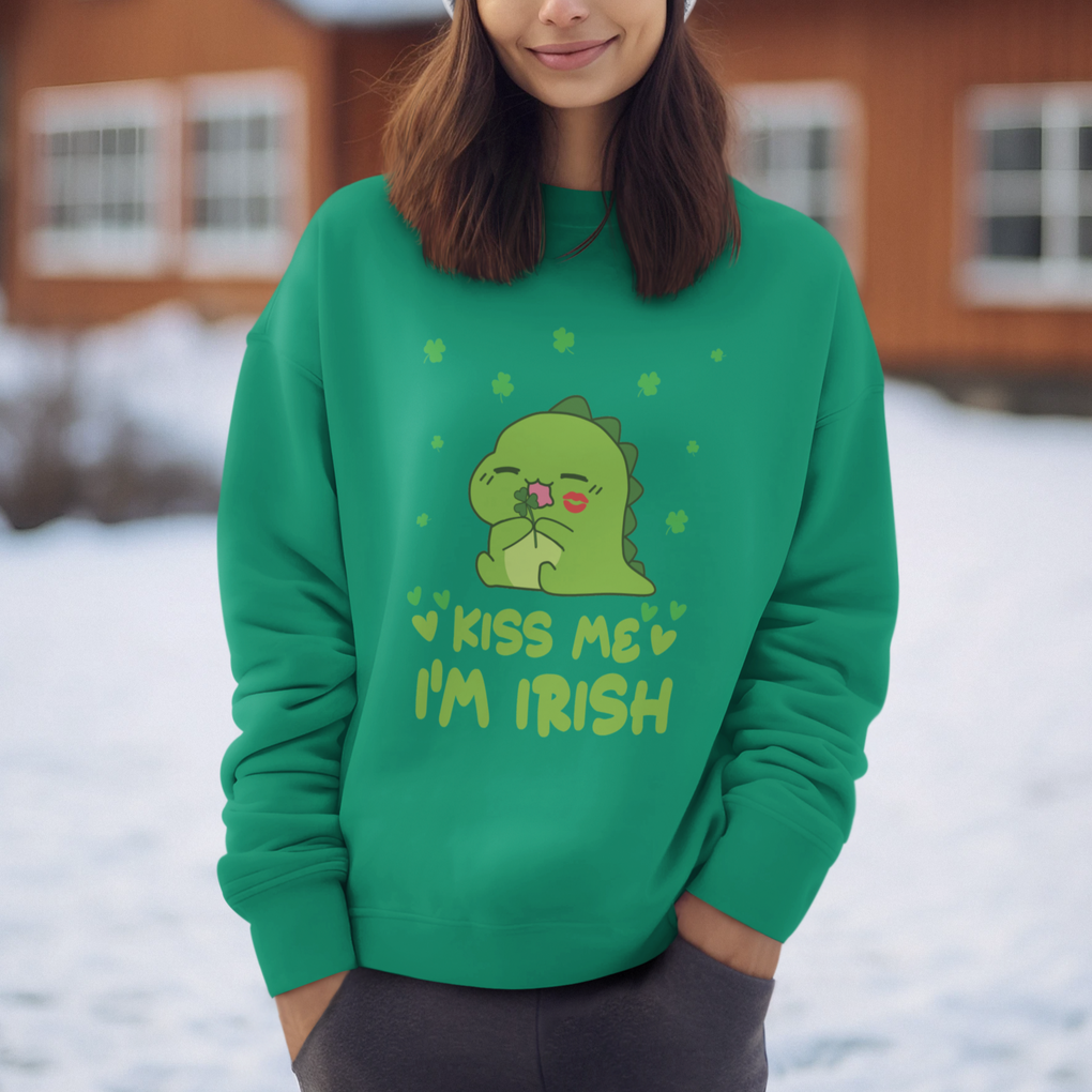 St. Patrick's Day Sweatshirt Kiss Me I'm Irish Cute Dinosaur TS09 Printyourwear