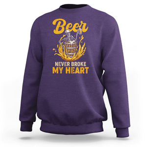 Beer Never Broke My Heart Funny Skeleton Drinking Beer Lover Sweatshirt TS02 Purple Printyourwear