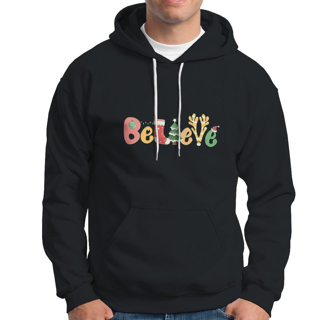 Believe Christmas Hoodie Santa Claus Reindeer Candy Cane Groovy Xmas TS02 Black Printyourwear