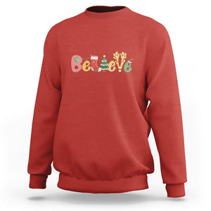 Believe Christmas Sweatshirt Santa Claus Reindeer Candy Cane Groovy Xmas TS02 Red Printyourwear