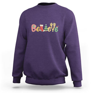 Believe Christmas Sweatshirt Santa Claus Reindeer Candy Cane Groovy Xmas TS02 Purple Printyourwear