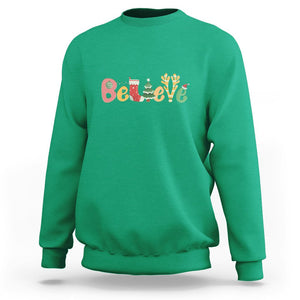 Believe Christmas Sweatshirt Santa Claus Reindeer Candy Cane Groovy Xmas TS02 Irish Green Printyourwear