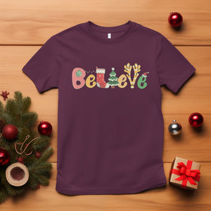 Believe Christmas T Shirt Santa Claus Reindeer Candy Cane Groovy Xmas TS02 Maroon Printyourwear