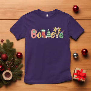 Believe Christmas T Shirt Santa Claus Reindeer Candy Cane Groovy Xmas TS02 Purple Printyourwear