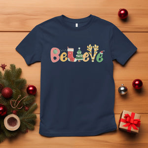 Believe Christmas T Shirt Santa Claus Reindeer Candy Cane Groovy Xmas TS02 Navy Printyourwear