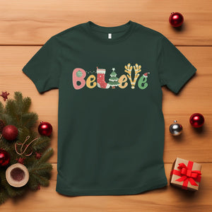 Believe Christmas T Shirt Santa Claus Reindeer Candy Cane Groovy Xmas TS02 Dark Forest Green Printyourwear