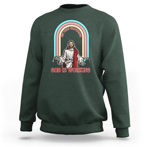 Bible Verse Sweatshirt Jesus In The Waiting God Is Working Christian Bible Religious TS02 Dark Forest Green Printyourwear