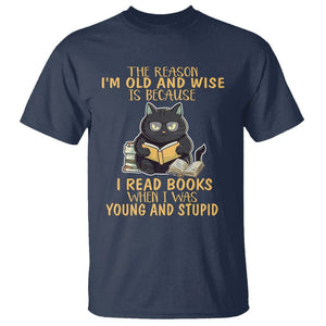 Black Cat Reading T Shirt I'm Old And Wise Because I Read Books When I Was Young And Stupid TS02 Navy Printyourwear